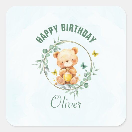 Honey Beer Schattige Greenery Boy Happy Birthday Vierkante Sticker (Voorkant)