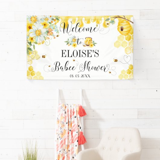 Honey Bees Baby Shower Floral Backdrop Welcome Spandoek (Insitu)