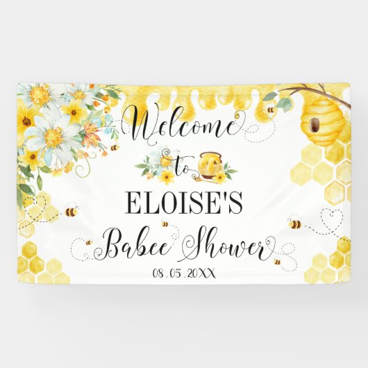 Honey Bees Baby Shower Floral Backdrop Welcome Spandoek (Horizontaal)
