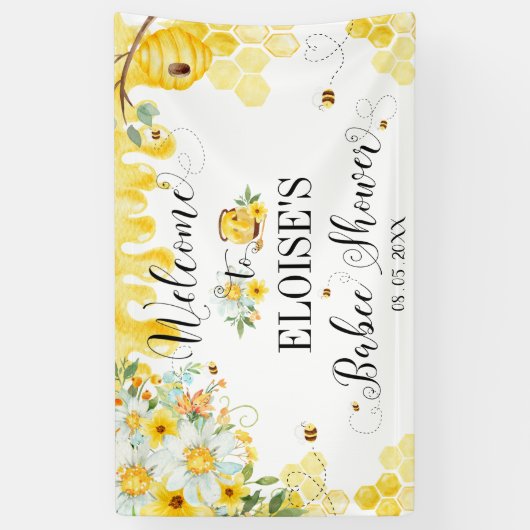 Honey Bees Baby Shower Floral Backdrop Welcome Spandoek (Verticaal)