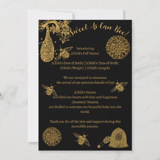 Honey Bumblebee Black Geboorte Aankondiging (Voorkant)