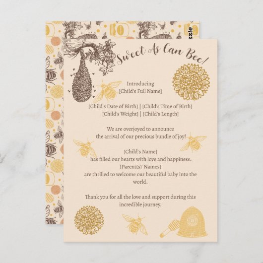 Honey Bumblebee Geboorte Aankondiging Briefkaart (Voorkant / Achterkant)