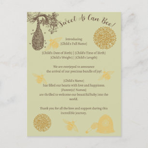  Honey Bumblebee Geboorte Aankondiging Briefkaart