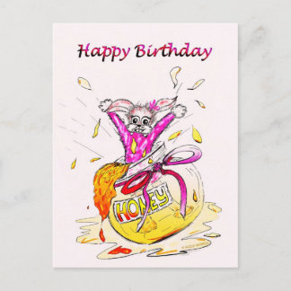 Honey Bunny Happy Birthday leuk roze tekening kaar Briefkaart