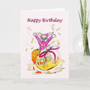 Honey Bunny Happy Birthday leuk roze tekening kaar Kaart