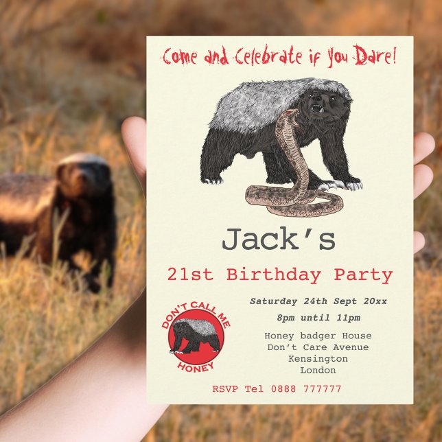 Honey Dasborstelige Dassen Dappere Dieren Grappige (Honey badger themed 21st birthday party invitation badass fearless wild animal)
