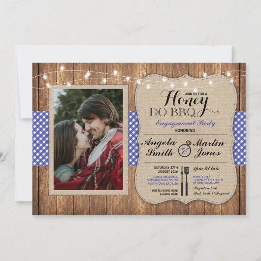 Honey Do BBQ Couples Shower Blue I DO Photo Invite Kaart (Voorkant)