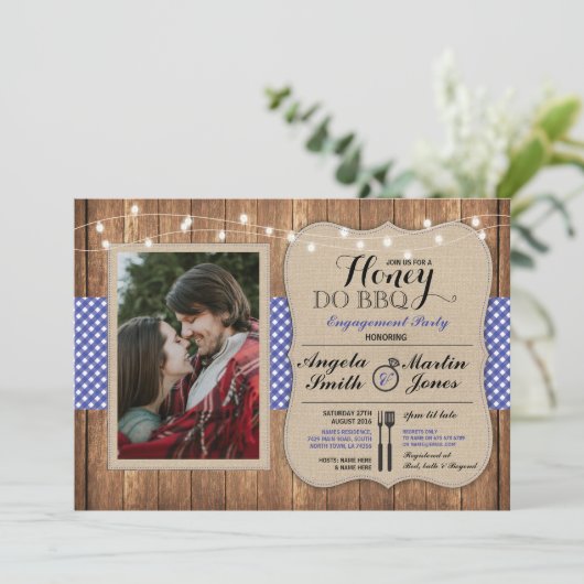 Honey Do BBQ Couples Shower Blue I DO Photo Invite Kaart (Staand voorkant)