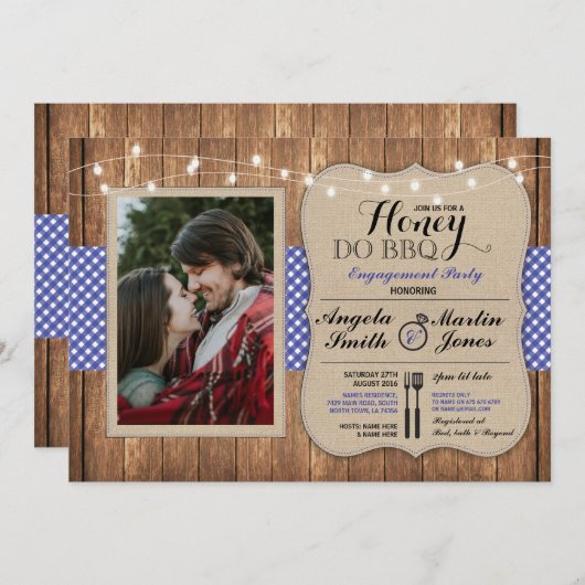 Honey Do BBQ Couples Shower Blue I DO Photo Invite Kaart (Voorkant / Achterkant)