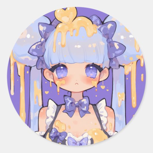 Honey Drip Kawaii Chibi Meisje Ronde Sticker (Voorkant)