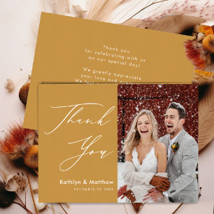Honey Gold Elegant Script Modern Photo Wedding Bedankkaart