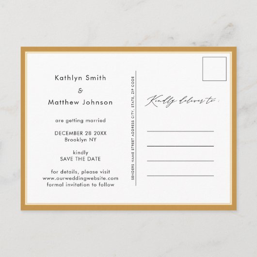 Honey Gold Modern Script Wedding Save the Date Aankondigingskaart (Achterkant)