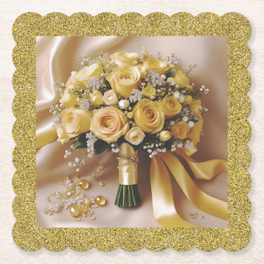 Honey Gold Terrazzo Rozen Trouwpapier Onderzetters (Voorkant)