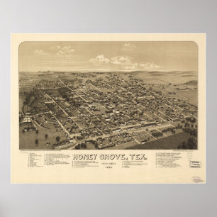Honey Grove Texas 1886 Antiek Panoramic Map Poster