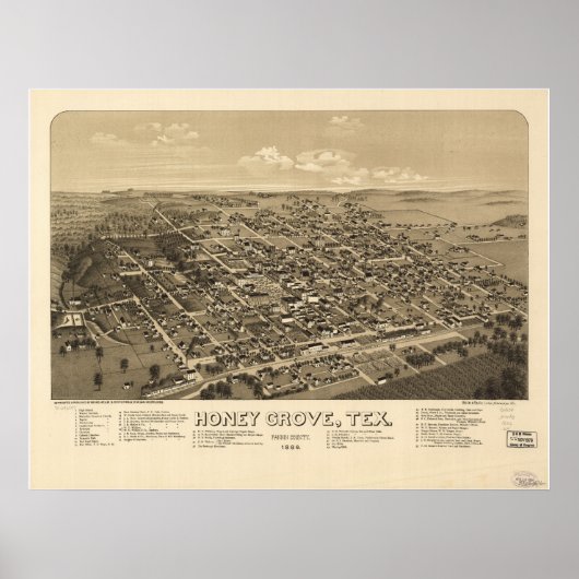Honey Grove Texas 1886 Antiek Panoramic Map Poster (Voorkant)