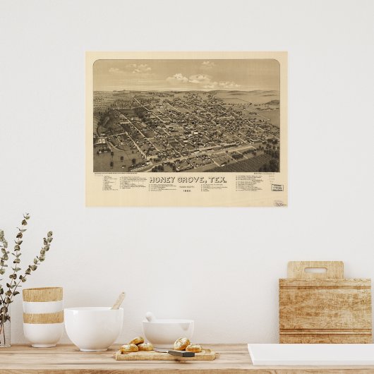 Honey Grove Texas 1886 Antiek Panoramic Map Poster (Keuken)