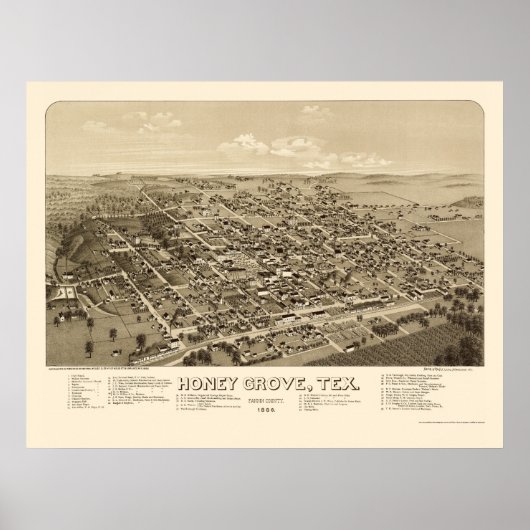 Honey Grove, TX Panoramic Map - 1886 Poster (Voorkant)