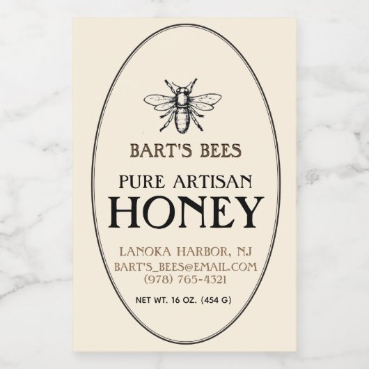 Honey Heraldic Bee Oval Border Food Sticker (Enkel label)