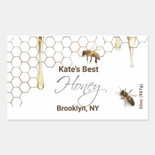 Honey Hexagon Jar Label met Honeycomb en bijen (Voorkant)