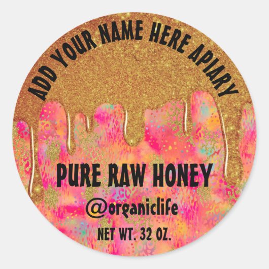 Honey Jar Honeybee Honeycomb Gold Drip Pink Red Ronde Sticker (Voorkant)