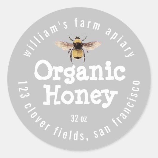 Honey Jar Label Honey Bee Apiary Grey (Voorkant)