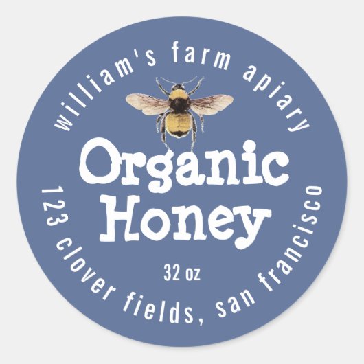 Honey Jar Label Honeybee Apiary Blue (Voorkant)