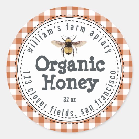 Honey Jar Label Honeybee Apiary Burnt Oranje Check (Voorkant)