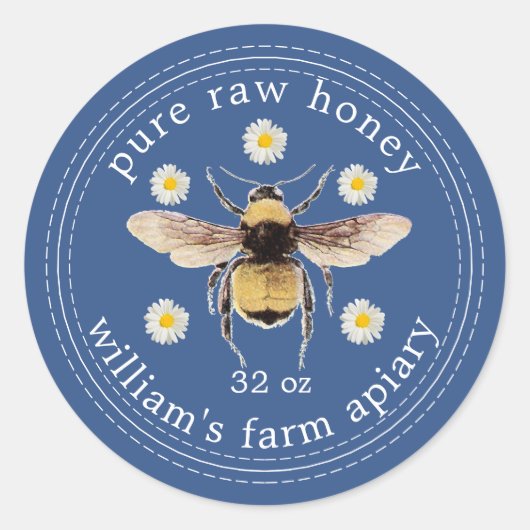 Honey Jar Label Honeybee Apiary Classic Blue (Voorkant)