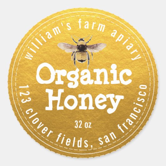 Honey Jar Label Honeybee Apiary Classic Gold (Voorkant)