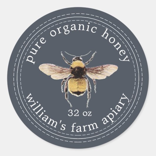 Honey Jar Label Honeybee Apiary Dark Blue (Voorkant)