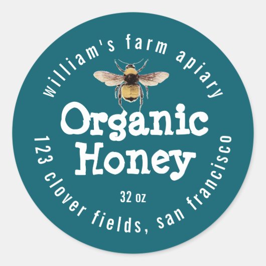 Honey Jar Label Honeybee Apiary Donker Blauwgroen (Voorkant)