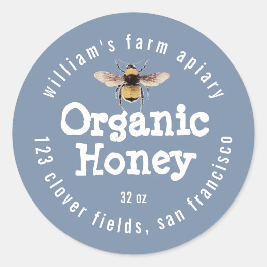 Honey Jar Label Honeybee Apiary Dusty Blue (Voorkant)