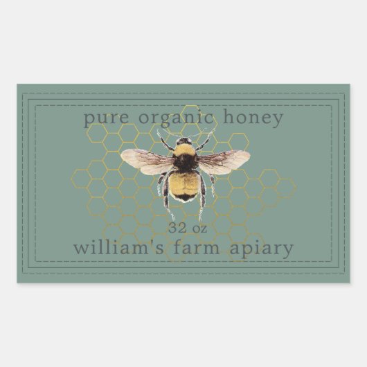 Honey Jar Label Honeybee Apiary Dusty Green (Voorkant)
