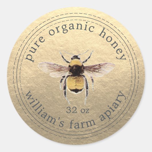 Honey Jar Label Honeybee Apiary Gold (Voorkant)