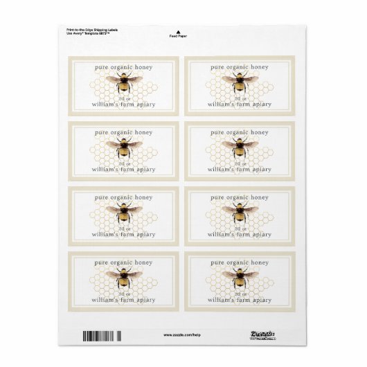 Honey Jar Label Honeybee Apiary Honeycomb Antiek (Full Sheet)