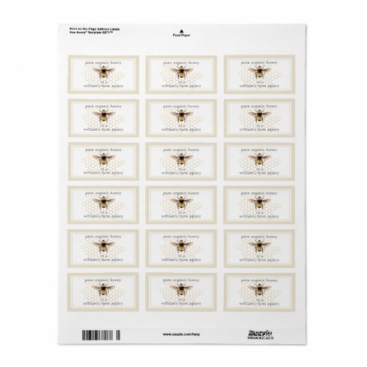 Honey Jar Label Honeybee Apiary Honeycomb Antiek (Full Sheet)