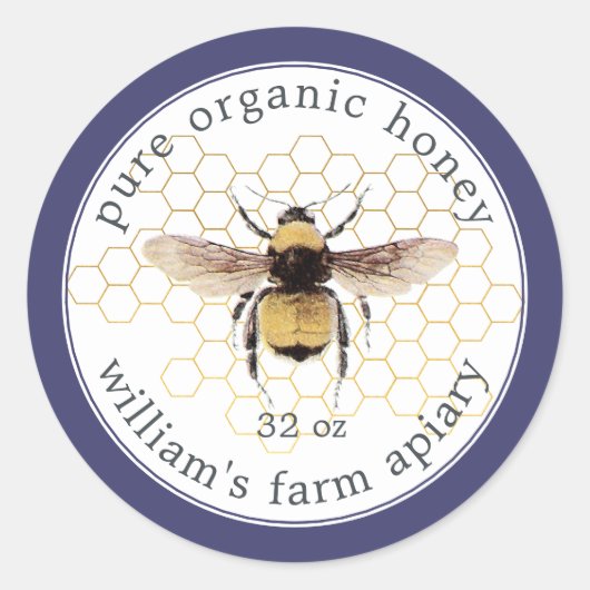Honey Jar Label Honeybee Apiary Honeycomb Blue (Voorkant)