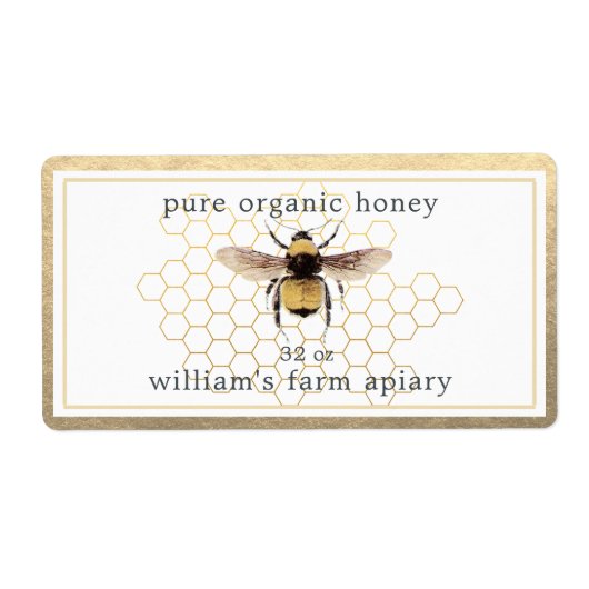 Honey Jar Label Honeybee Apiary Honeycomb Gold (Voorkant)