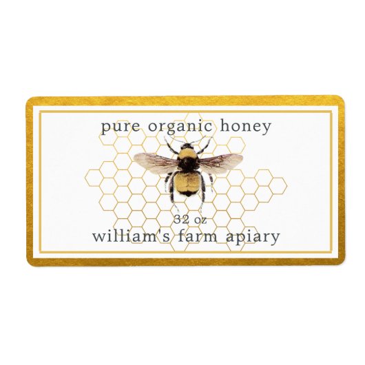 Honey Jar Label Honeybee Apiary Honeycomb Gold (Voorkant)