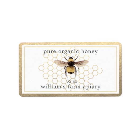 Honey Jar Label Honeybee Apiary Honeycomb Gold (Voorkant)
