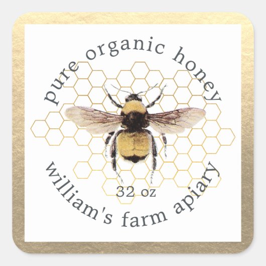 Honey Jar Label Honeybee Apiary Honeycomb Gold (Voorkant)