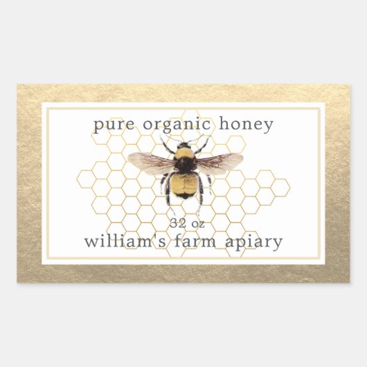Honey Jar Label Honeybee Apiary Honeycomb Gold (Voorkant)