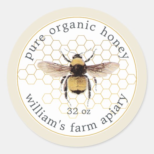 Honey Jar Label Honeybee Apiary Honeycomb White (Voorkant)