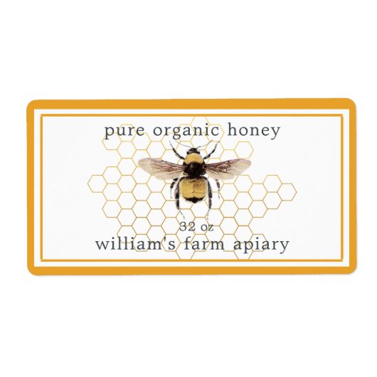 Honey Jar Label Honeybee Apiary Honeycomb Yellow (Voorkant)