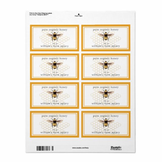 Honey Jar Label Honeybee Apiary Honeycomb Yellow (Full Sheet)