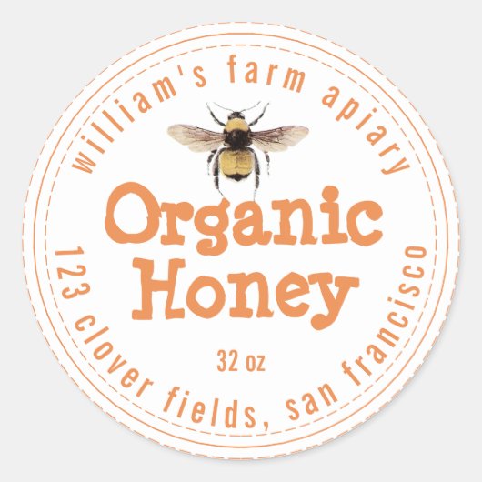Honey Jar Label Honeybee Apiary Oranje White (Voorkant)