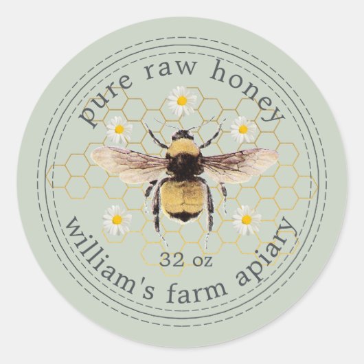 Honey Jar Label Honeybee Apiary Pastel Green (Voorkant)