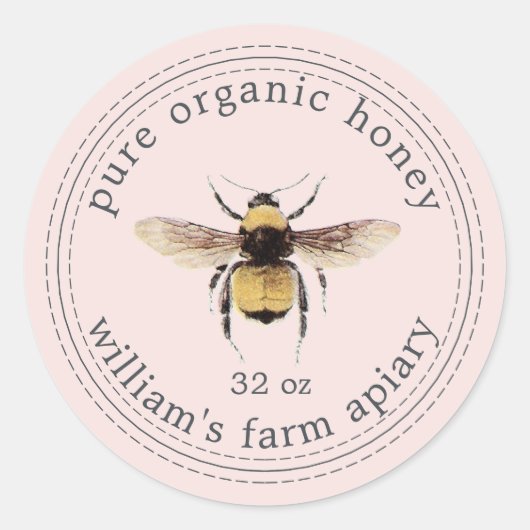 Honey Jar Label Honeybee Apiary Pastel Pink (Voorkant)