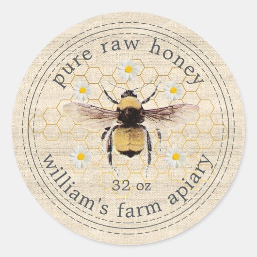 Honey Jar Label Honeybee Apiary Rustic Linen (Voorkant)