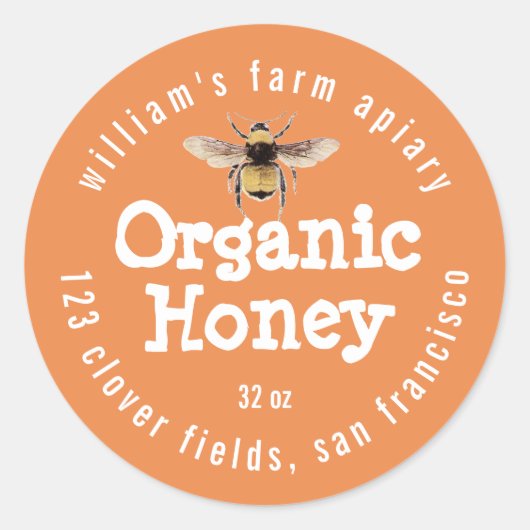 Honey Jar Label Honeybee Apiary Sinaasappel (Voorkant)